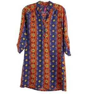 Boho Blue Leopard Diamond Print Sheath Shirt Popover Mini Dress Small